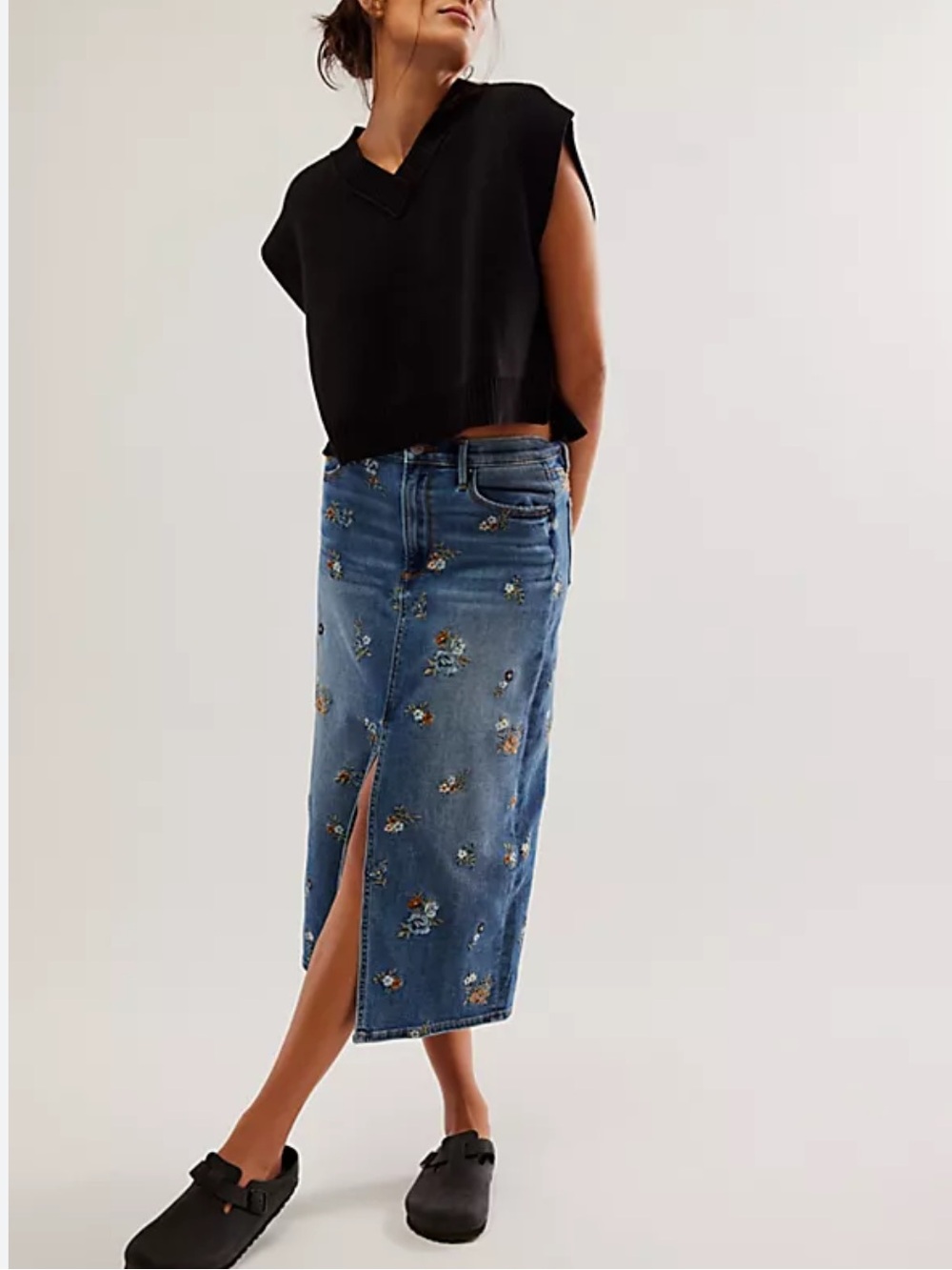 Free People Driftwood Piper Floral Embroidered Denim Midi Skirt - 27